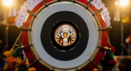 Closeup of Durga Idol reflected on a large ceremonial drum