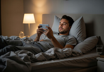 Fototapeta premium A person browsing social media on mobile phone laying on bed on bed at night