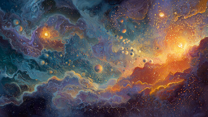 Fototapeta premium Cosmic nebula with swirling colors and spheres