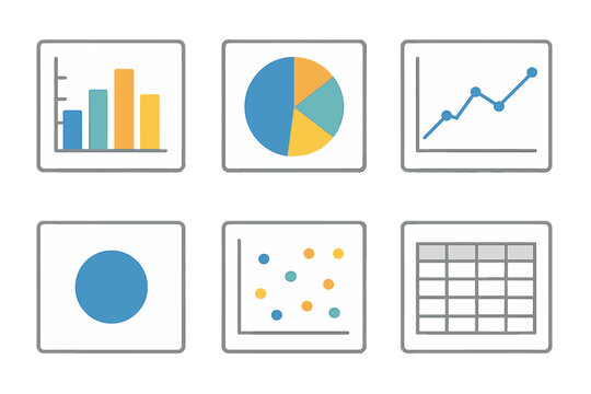 Six diverse data visualization charts and graphs like bar, pie, line, scatter plot, and table icons on gray background