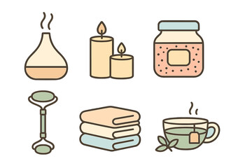 Modern icons for wellness and relaxation: aroma diffuser, candles, jade roller, tea, and towels