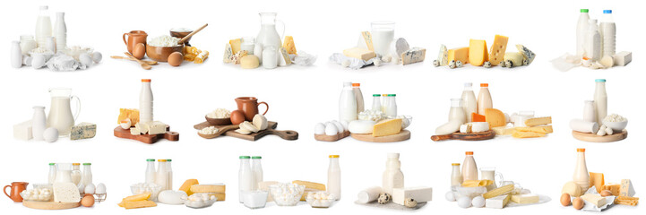 Set of different dairy products on white background