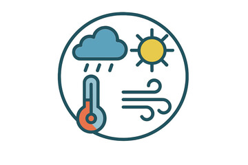 Circular graphic with weather icons: sun, rain cloud, thermometer, and wind on gradient background