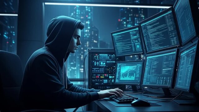 Hooded Hacker Working on Multiple Computer Screens in a Futuristic Office