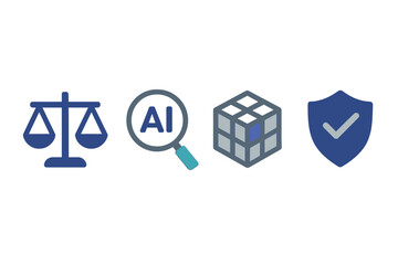 AI ethics, data analysis, and security icons: balance scale, magnifying glass, cube, and shield