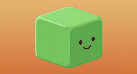 Obraz premium Smiling Green Cube on Orange Background, Cute Cartoon Character