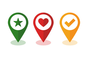 vibrant set of location markers showcasing star,  heart, and checkmark