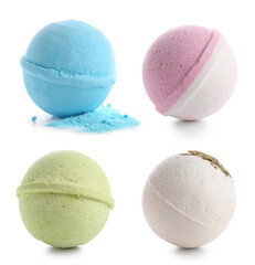 Set of different bath bombs on white background