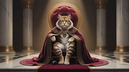 A magnificent Maine Coon cat king sits on a throne wearing a royal cape.