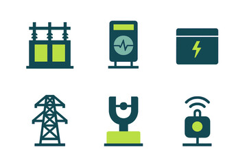 Stylized icons for electrical infrastructure and energy concepts, power lines, transformers, and smart grid technology