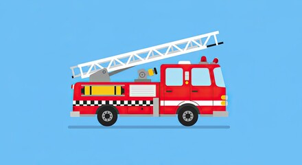 Flat Red Firetruck with White Ladder on Blue Background Illustration