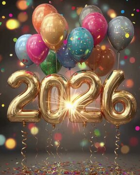 Celebrate 2026 with vibrantfballons & festive vibes! Perfect Adobe Stock video for New Year promos, parties, ads & social media.