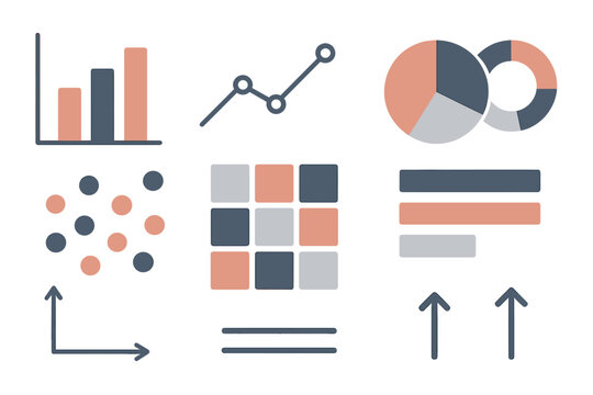 Modern data visualization charts and graphs, bar, scatter, pie, and line graphs with glowing abstract effects