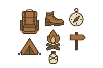 Camping and hiking icons: backpack, boot, compass, tent, campfire, signpost, water bottle in warm, earthy tones