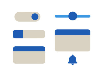 Modern UI elements with glowing blue accents, toggle switches, sliders, and notification icons on dark blurred background