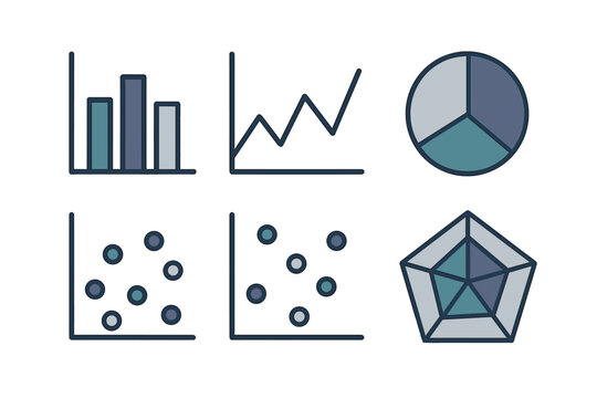 Stylized data visualization charts: bar, line, scatter, pie, and radar graphs on dark background