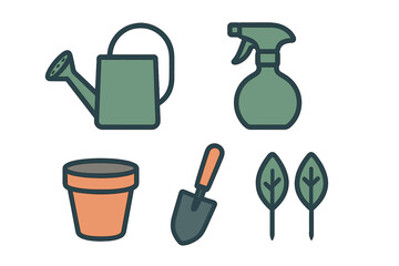 Obraz premium Modern flat design icons for gardening: watering can, spray bottle, pot, shovel, and leaves