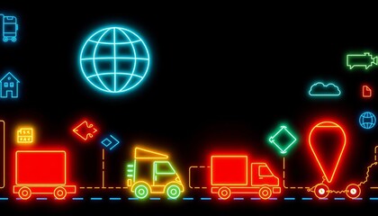 Neon glow icons depicting global supply chain, logistics, and fast delivery on dark background,  containers,  map