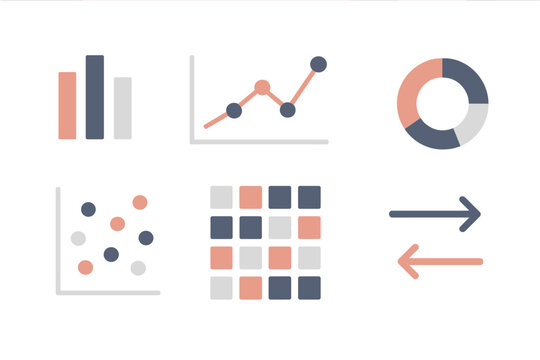Abstract data visualization icons: bar charts, line graphs, scatter plots, pie charts, grids, and arrows on gradient background