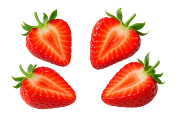 Fresh ripe strawberry halves with green stems floating against a black or.