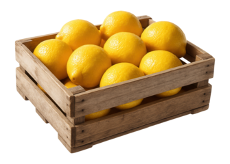Fresh lemons in a wooden crate.