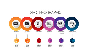 Infographic 6 step SEO and road map for business chart to present data, progress, direction, clean design	