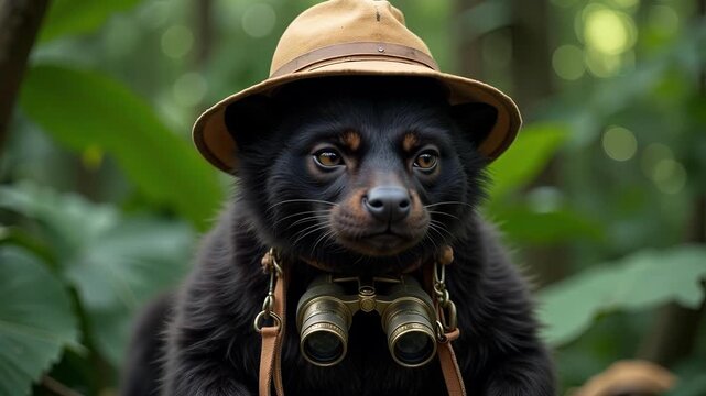 Binturong bearcat in jungle explorer costume with pith helmet and binoculars, mysterious dark eyes, perfect for Halloween video footage
