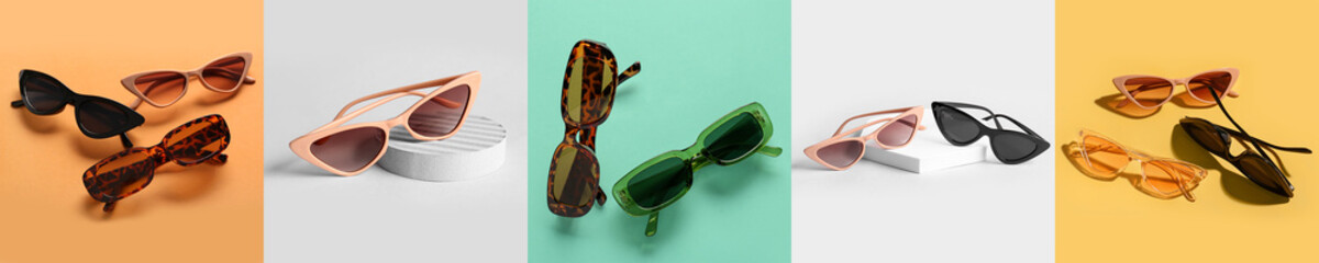 Collage of stylish sunglasses on color background