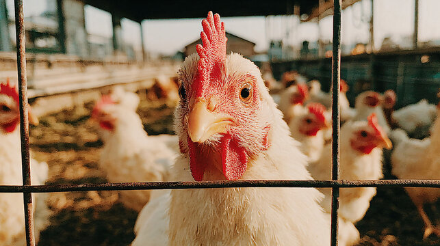 Close-up of a white chicken with a bright red comb, seen through a wire fence in a chicken farm. - Powered by Adobe