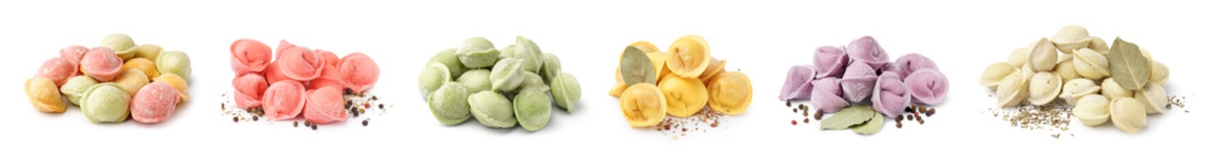 Set of colorful raw dumplings on white background