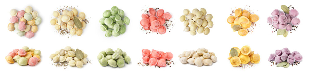 Set of colorful raw dumplings on white background