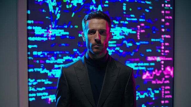 A computer expert in suit looks at graphs. Data moves on screen. Programmer watches cyber flow. Developer checks digital code computer signals technology stats. Cyber systems run on code and security.