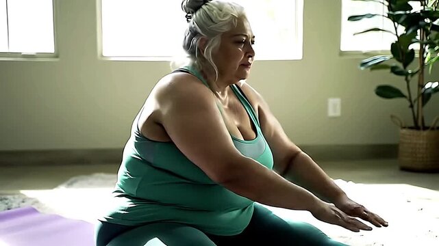 Plus size elderly woman  resting after home workout
