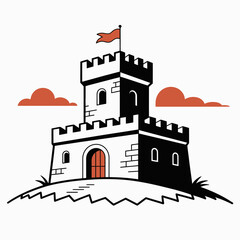 Illustration of a medieval castle on a hill with a red flag waving in the wind against a white backdrop with simple clouds