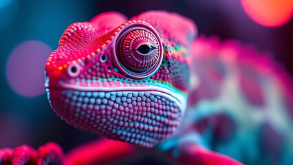 Close-up of chameleon changing colors under party lights