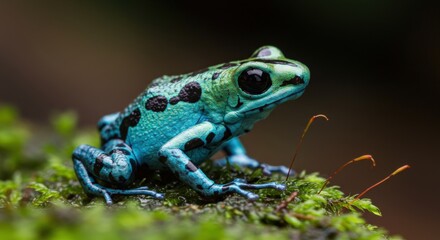 Obraz premium Colorful Blue Green Poison Dart Frog Sitting on Moss in Natural Habitat
