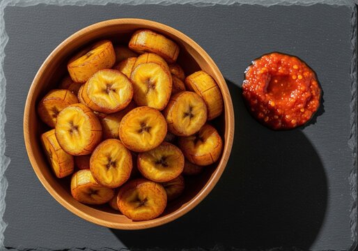 Delicious traditional ivorian alloco fried plantains served with a spicy pepper sauce in a bowl