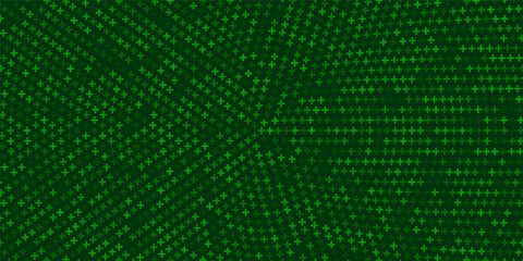 Medical green background. Healthcare circle pattern with glowing plus signs. Abstract futuristic digital backdrop with pixelated geometric elements. Modern technology vector illustration