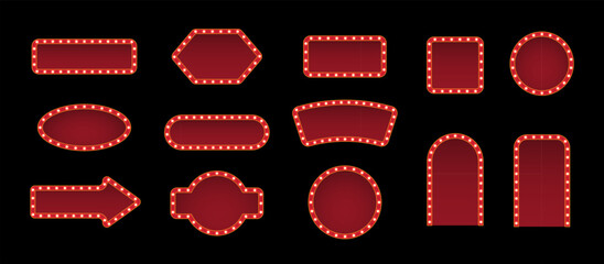 Retro casino light signs with red glossy glass surfaces and golden bulbs around the edges on black background. Circus, cinema, theater banners of various shapes. Vector illustrations set. © Mariquita vector