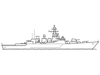 Obraz premium Outlined Military Warship Design for Naval History and Maritime Illustrations with Detailed Hull and Radar Tower on White Background