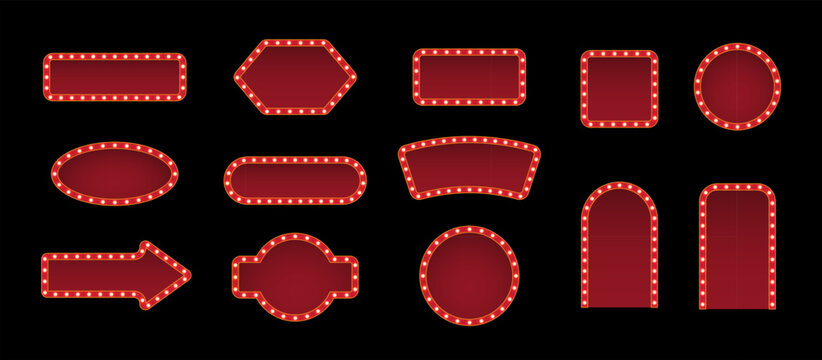 Retro casino light signs with red glossy glass surfaces and golden bulbs around the edges on black background. Circus, cinema, theater banners of various shapes. Vector illustrations set.