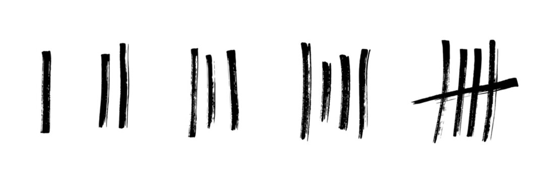 Tally marks brush strokes set. Black hand-painted counting lines in various styles, including single strokes and crossed fifth mark on white. Vector grunge ink design for counting, tracking, graphic.