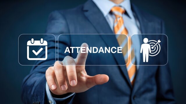 Business professional interacts with attendance tracking system for workforce management and goal achievement