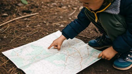 Camping adventure for kids enjoying outdoor trip with map and campfire excitement, child explores navigation skills and nature
