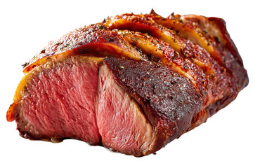 A piece of meat is cut in half and has a lot of seasoning on it