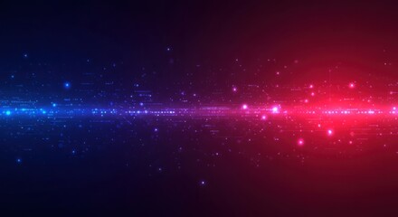 Energetic blue and red light streaks create abstract glowing background with subtle bokeh effects