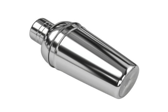 A silver cocktail shaker with a metal base