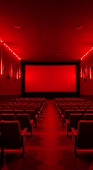 Fototapeta premium Empty Cinema Theater with Red Seats and Screen Ready for Show Time and Movie Experience