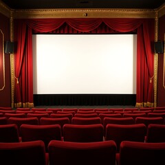Fototapeta premium Classic movie theater with plush red seats and velvet curtains showcasing a blank screen ideal for advertisement displays and film presentations