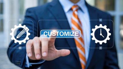 Businessman presses customize button on futuristic interface, creating personalized solutions for success